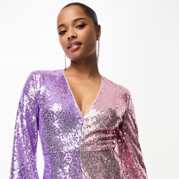 Jaded Rose Petite balloon sleeve sequin romper in lilac and pink - Picture 2 of 4